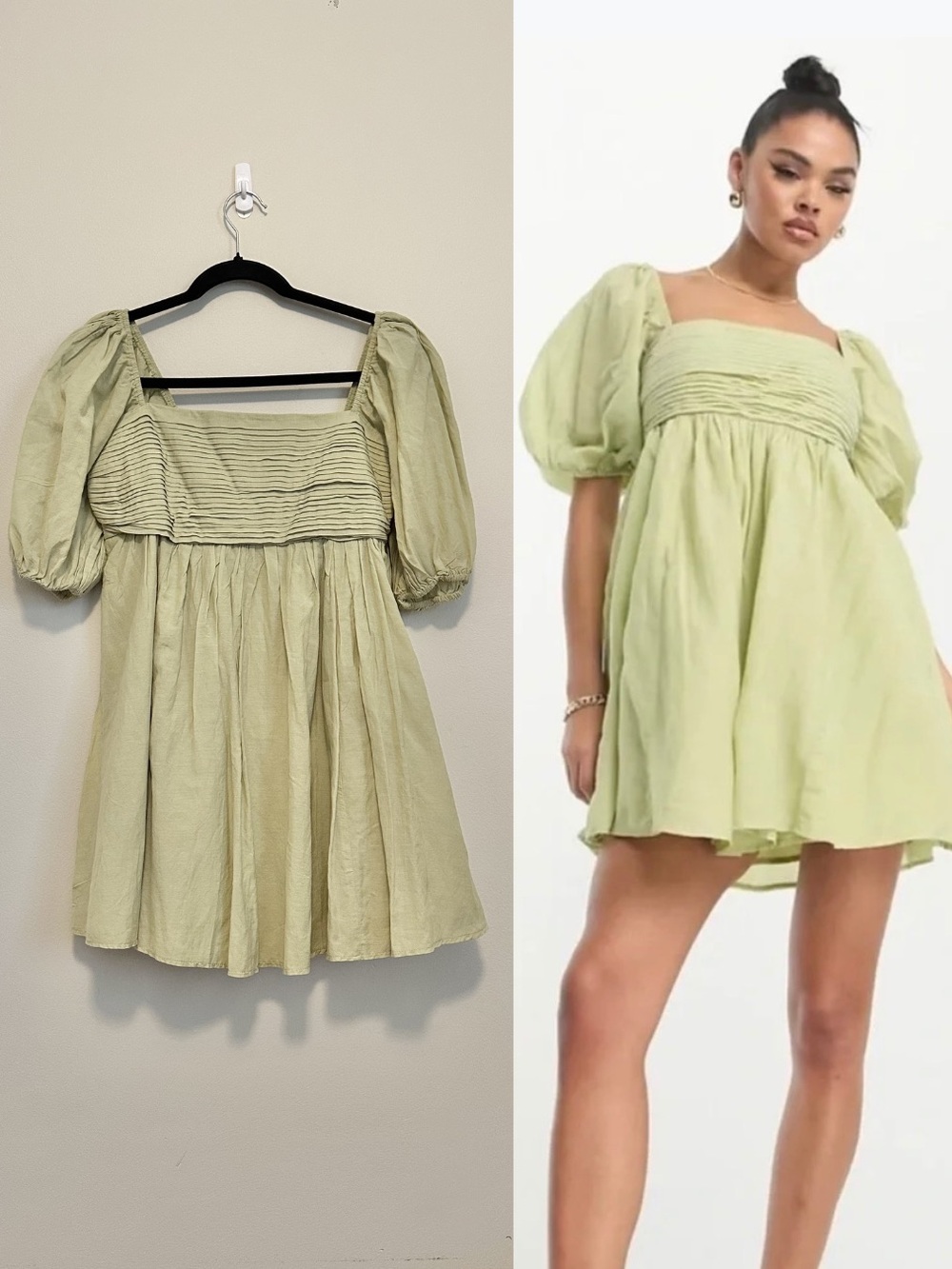 Abercrombie & Fitch Sage Green Puff Sleeve Babydoll Mini Dress MP Cottagecore